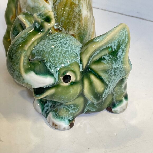 Vintage Elephant & Lotus Planter/Holder Hand-Glazed Ceramic Green & Brown - Picture 7 of 11